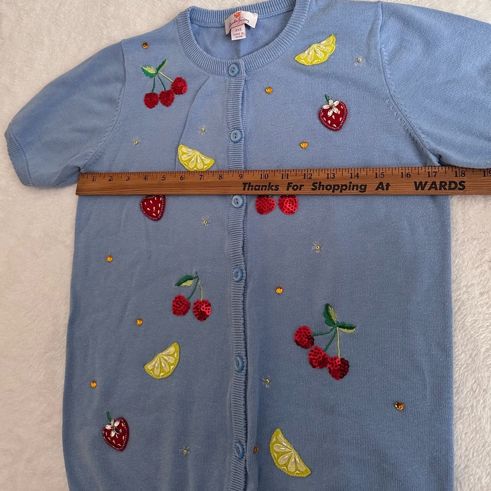 Quacker Factory Fruit Embroidered Cardigan XXS Blue Sequin Lemon Strawberry - Picture 7 of 8